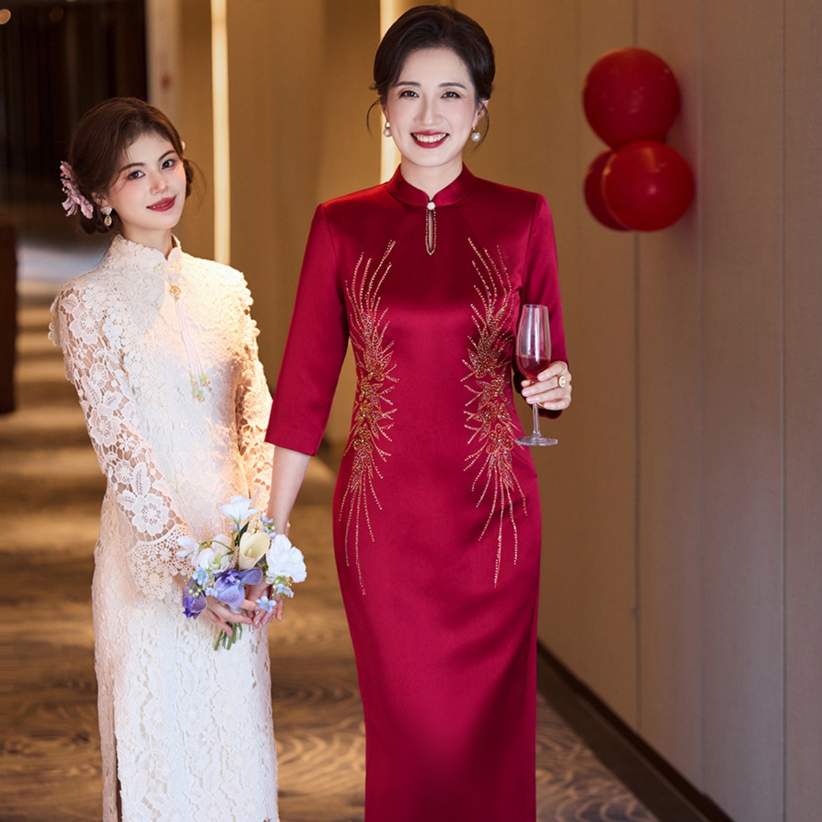 中式端庄喜婆婆醋酸刺绣旗袍礼服连衣裙妈妈结婚宴喜服大码5XL