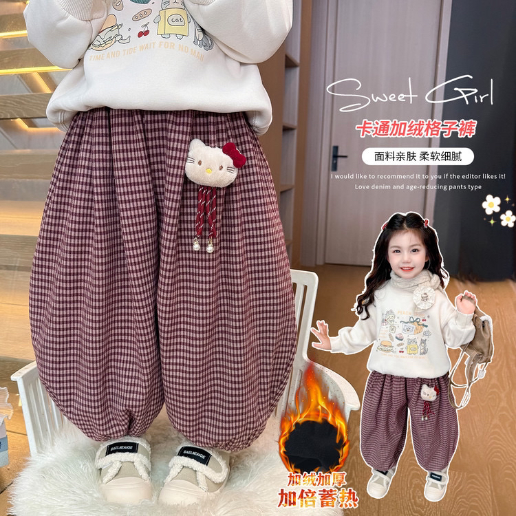 女童卡通加绒格子裤