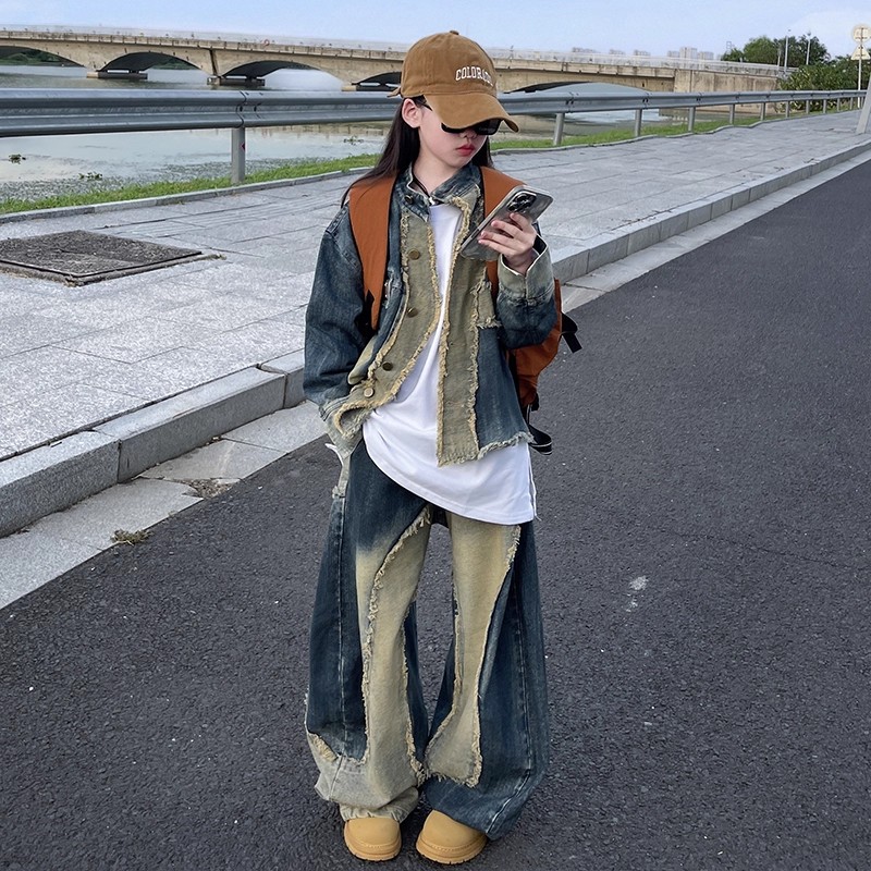 女童两件套2025新款儿童春秋新款装牛仔外套阔腿裤拼接毛边设计感