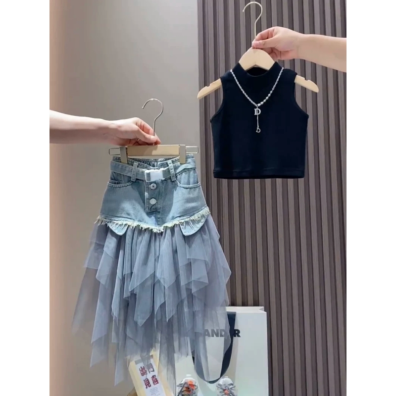 童装女童夏季套装2025新款韩版洋气无袖背心网纱拼接牛仔半身裙潮