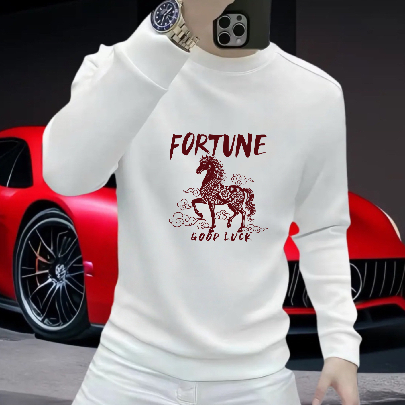 2026幸运马年潮牌圆领卫衣男生本命年秋冬款加绒酒红色长袖上衣