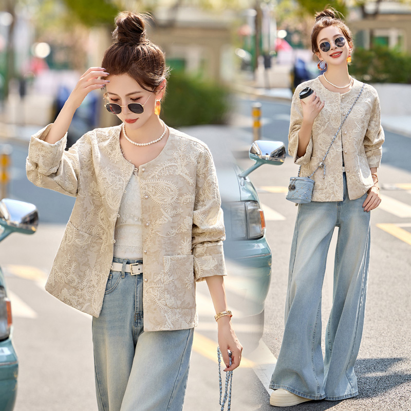 新中式国风复古刺绣外套女2025春秋新款时尚气质宽松亚麻短款上衣