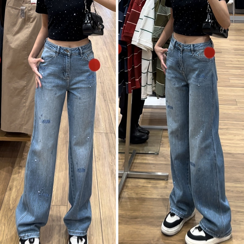 秋季新款烫钻刺绣牛仔裤女宽松设计感中高腰直筒裤弹力显瘦窄版裤