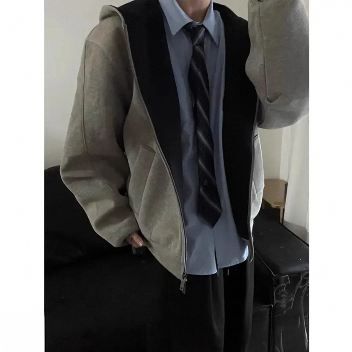 秋季外套男港风时尚休闲百搭连帽卫衣ins撞色拼接双拉链开衫男生