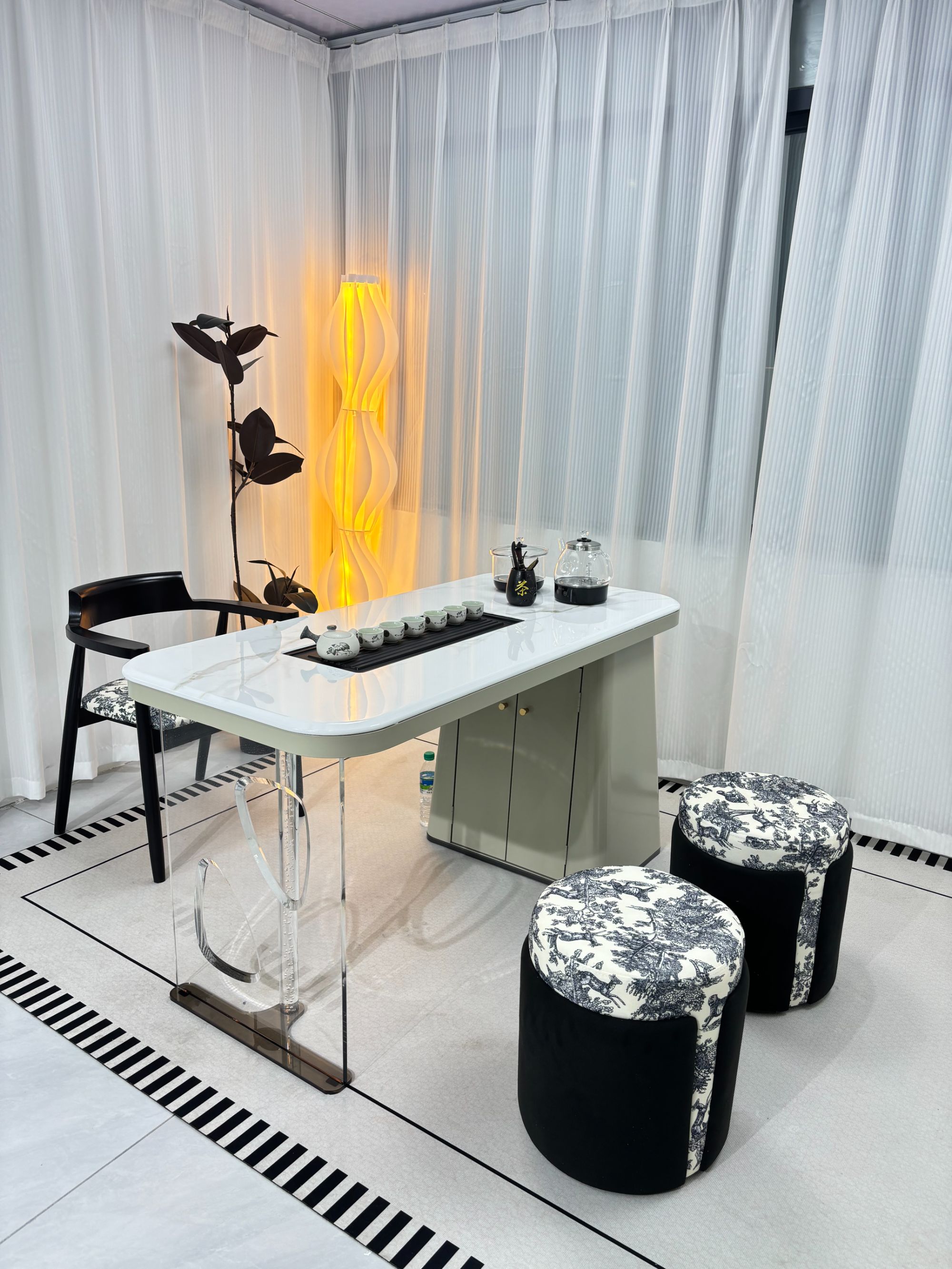 设计师高定简约茶桌椅组合悬浮茶几轻奢家用茶台阳台超晶石泡茶桌