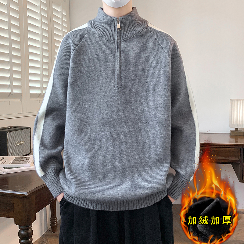 毛衣男加绒加厚青少年秋冬季半拉链立领针织衫男生毛线衣保暖外套