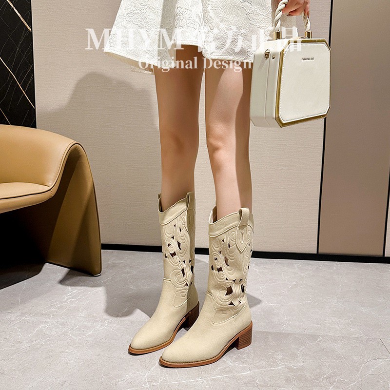 刺绣复古牛仔靴女镂空长靴2025新款夏季时尚不过膝透气时装中筒靴