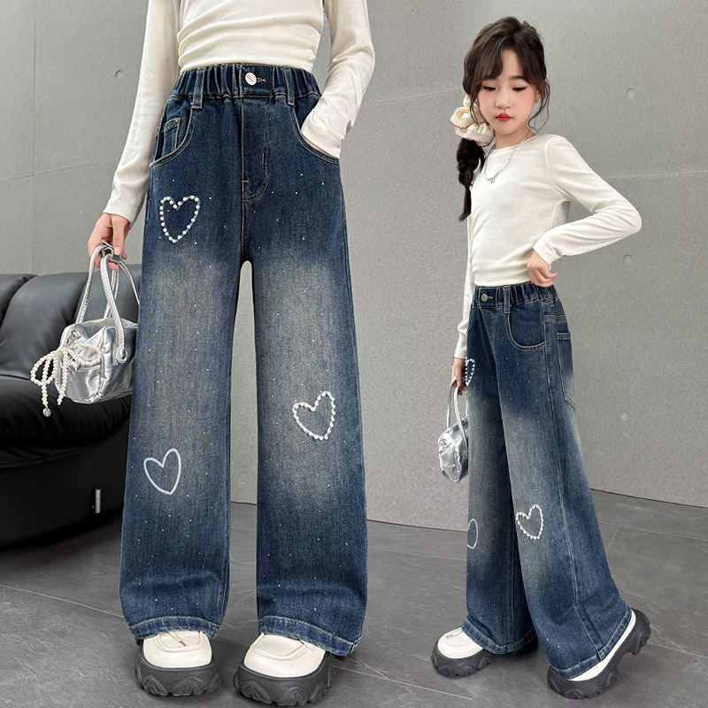女童牛仔裤子秋季新款儿童春秋洋气高腰直筒休闲宽松中大童拖地裤
