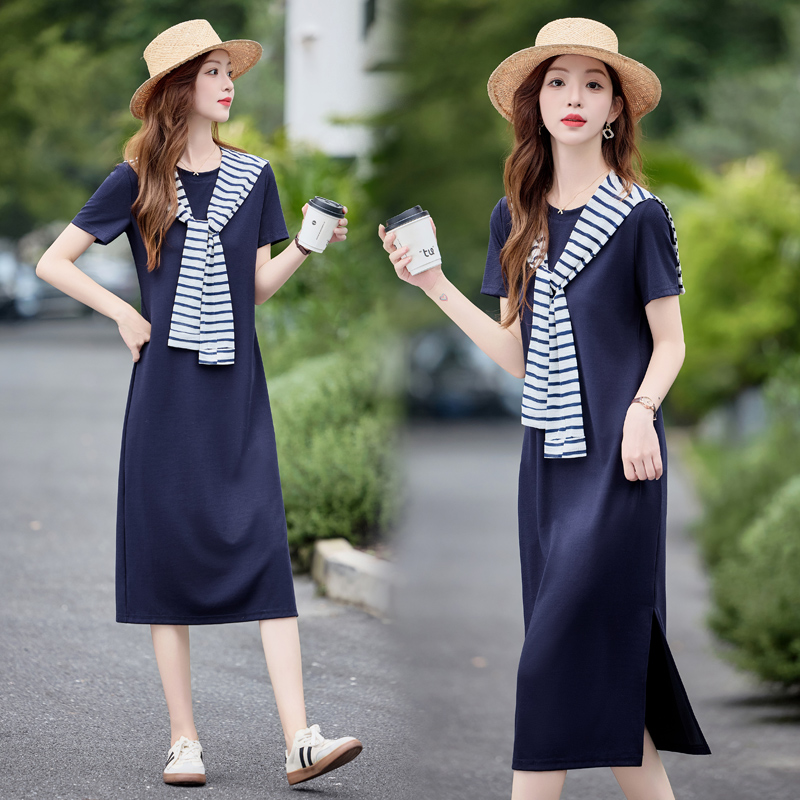 条纹披肩T恤裙2025夏新款显瘦百搭海军领短袖连衣裙女中长款裙子