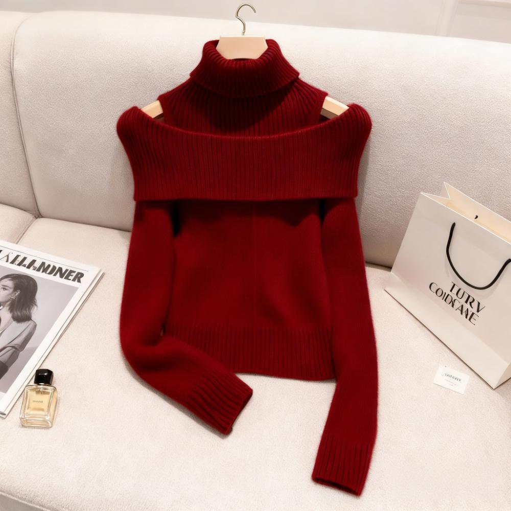 奶fufu韩系时髦独特气质针织小衫2025冬季新款拼接堆堆领红色上衣