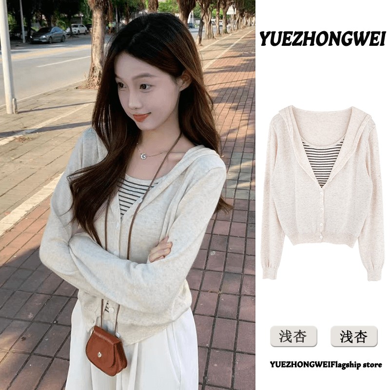 显瘦条纹连帽假两件长袖针织衫女2025早秋新款设计感外穿毛衣上衣