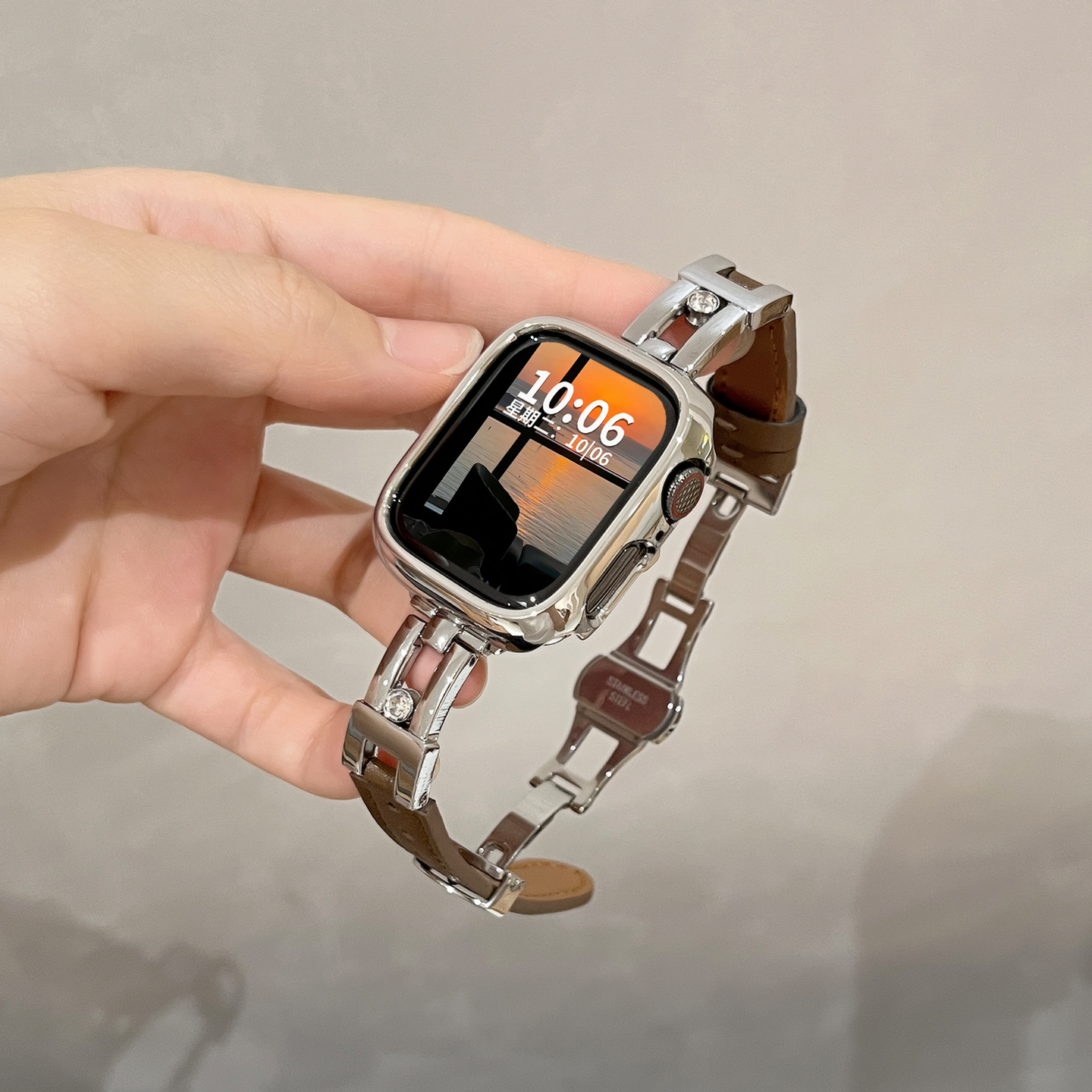 闪钻滑梯真皮表带适用iwatch手表applewatch苹果S10折叠扣s11腕带