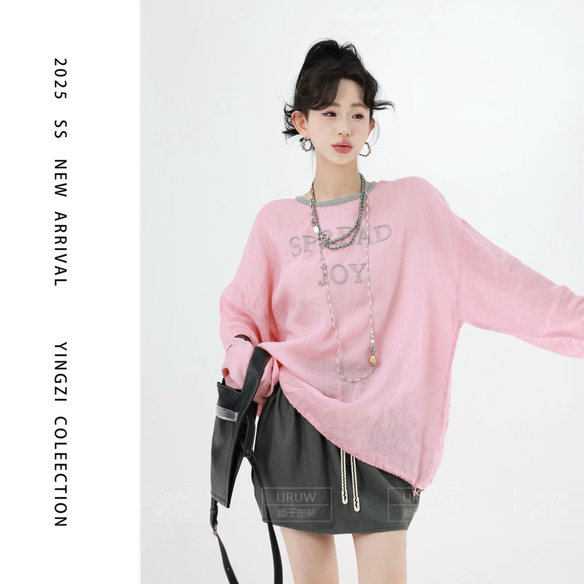 颖子定制【摩登港湾】100苎麻休闲宽松百搭圆领字母刺绣长袖T恤9738