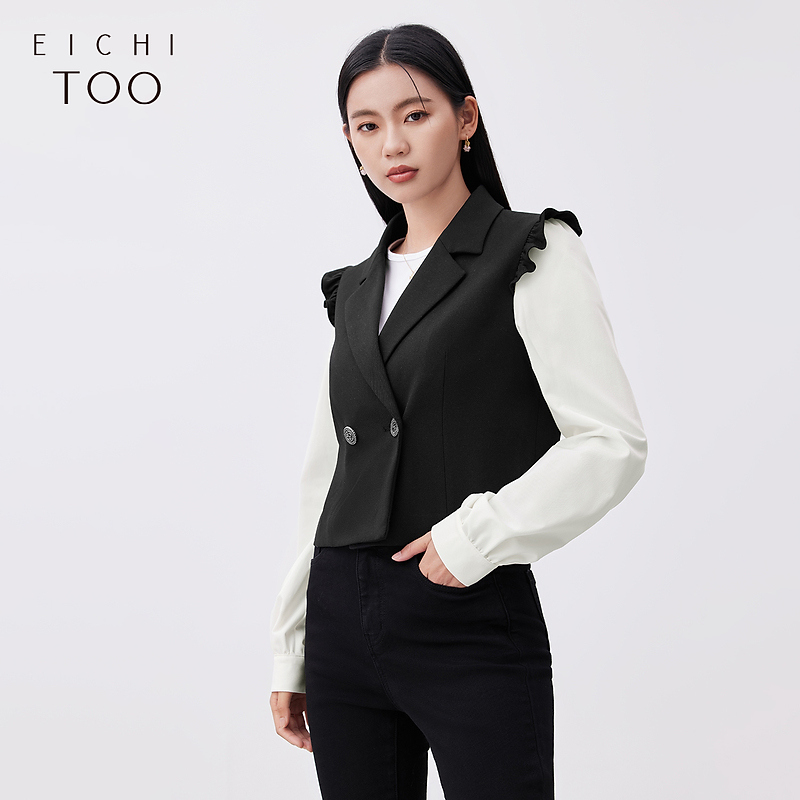 爱居兔假两件木耳边廓型外套时尚西服EWXSJ1N009A