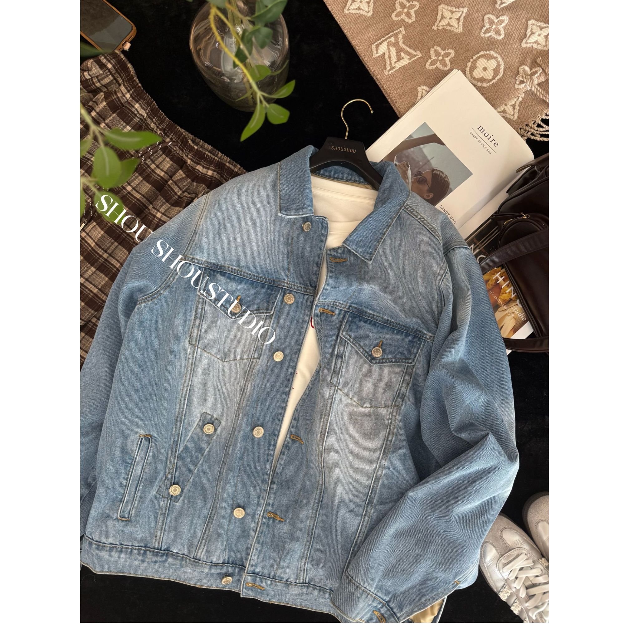 【瘦瘦】大码翻领复古水洗做旧简约百搭牛仔夹克外套S02003