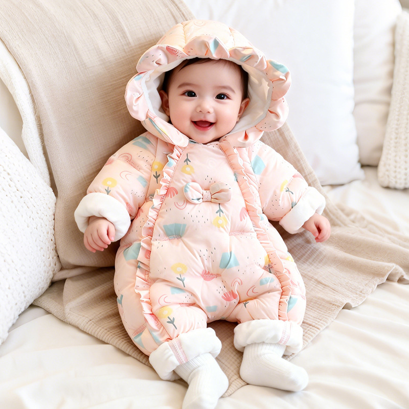 时尚婴儿连体服宝宝百天花边衣服冬季新款女童棉服加绒加厚外出服