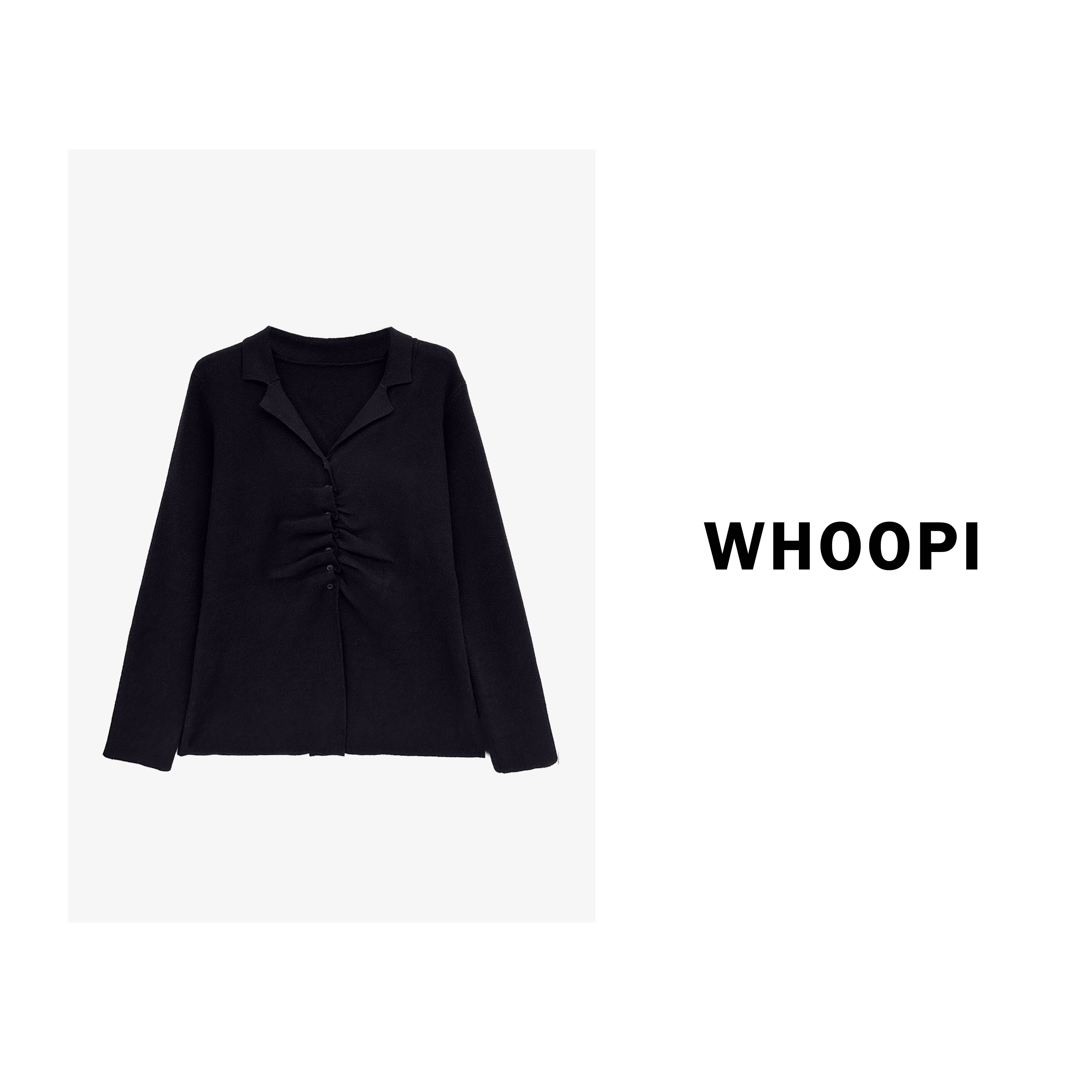 【Whoopi】【无垠夜】气质V领褶皱设计感收腰修身针织衫长袖显瘦上衣