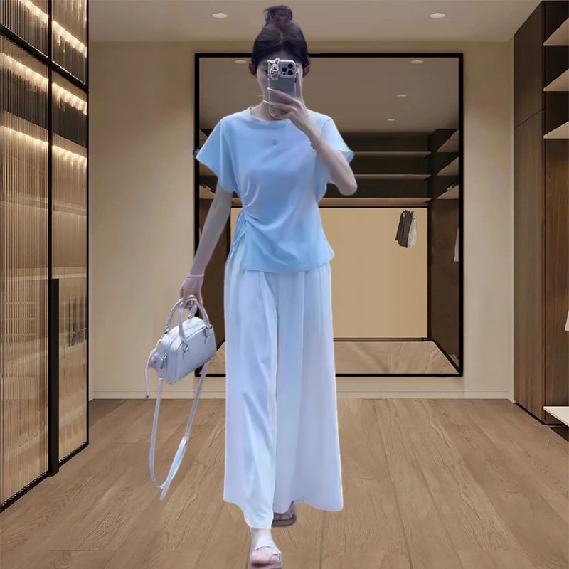 清纯系松弛感两件套2025夏季女士减龄洋气蓝色收腰上衣白色休闲裤