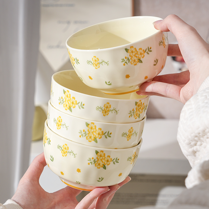 【4碗/6碗】奶油风陶瓷琉璃花家用吃饭碗釉下彩套装可爱米碗汤碗