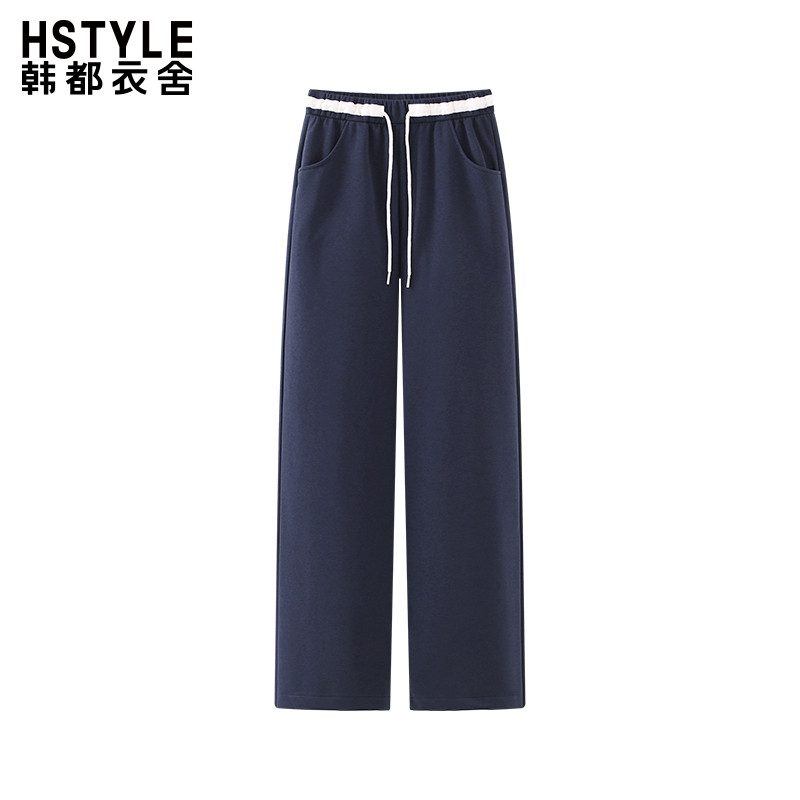 撞色腰身松紧抽绳休闲裤女宽松直筒百搭设计感长裤子秋季