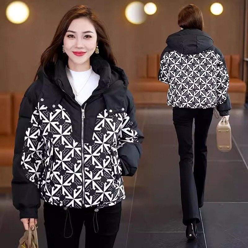 印花连帽棉服女时尚2024年设计感百搭保暖新款减龄撞色面包服外套