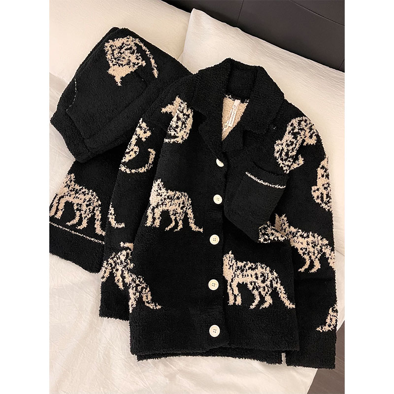 日系慵懒风豹纹半边绒睡衣女秋冬季新款开衫长袖长裤家居服两件套