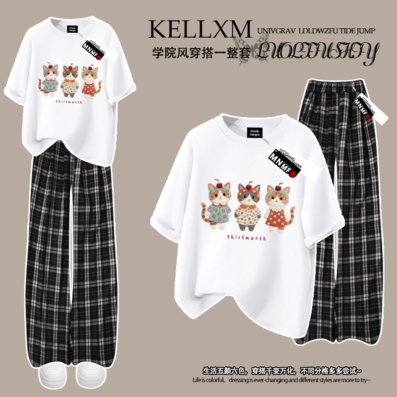 夏季女童纯棉短袖t恤格子裤套装可爱猫咪印花中大童学院风两件套