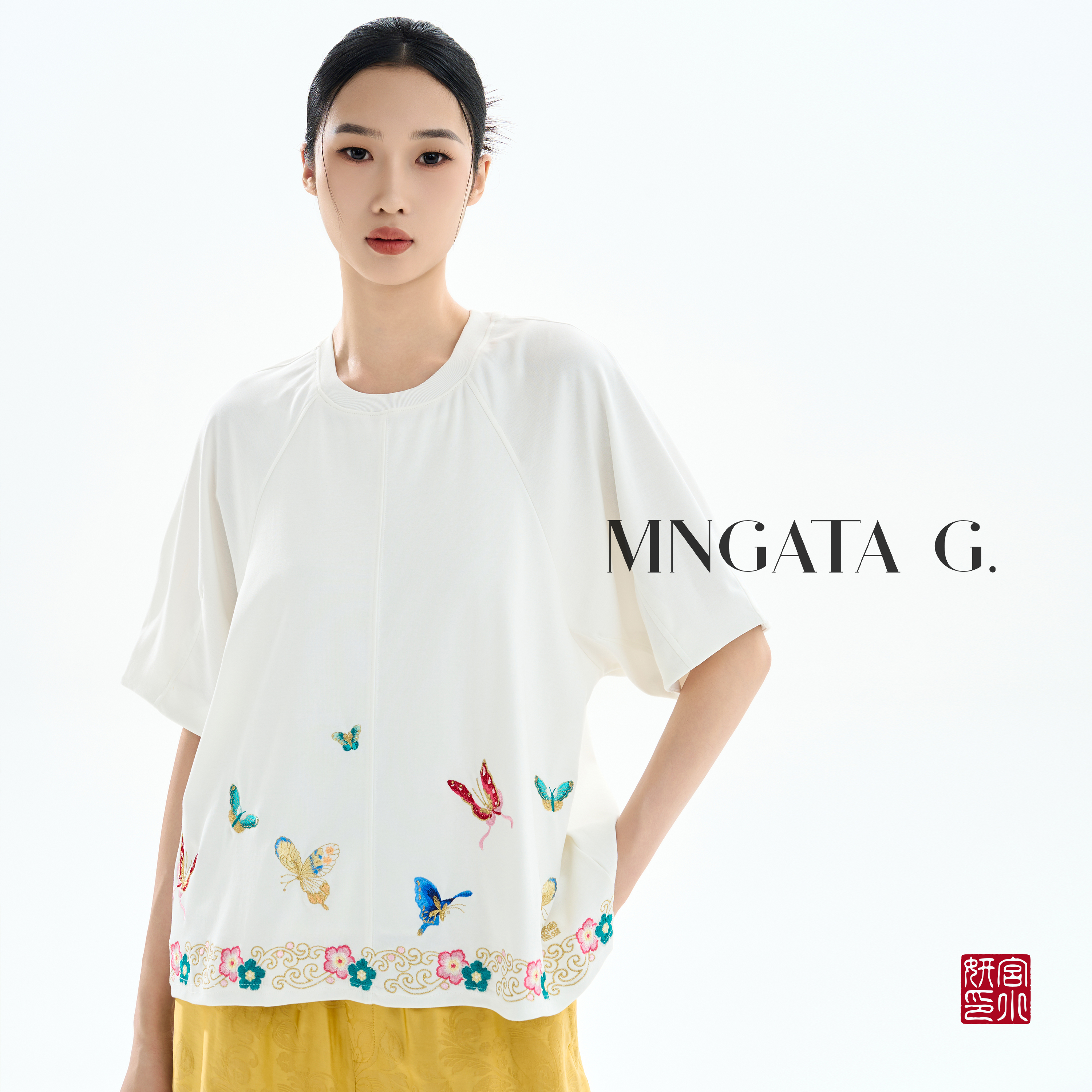 MNGATA G.宫小妍【彩蝶T】棉质夏日新中式中国风短袖上衣5050457