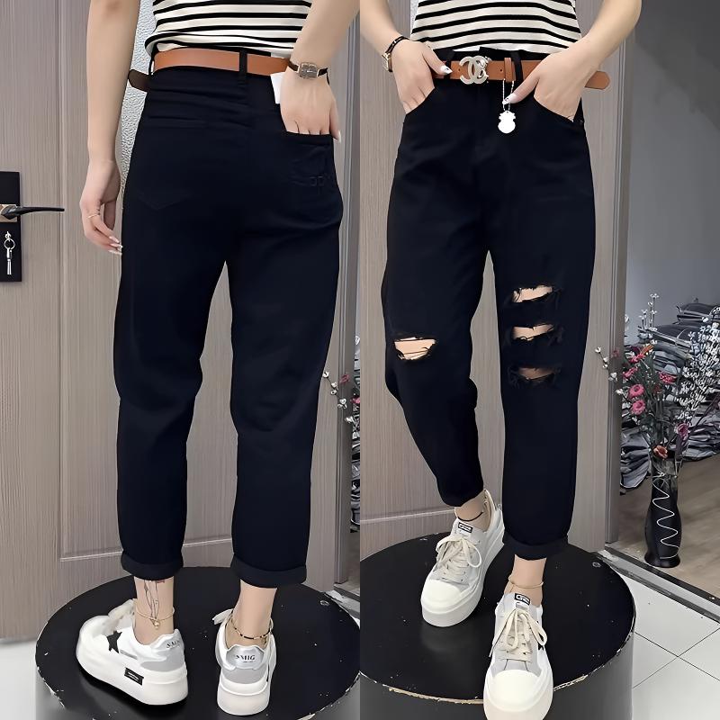 梨形身材微胖大码破洞牛仔裤夏季薄款哈伦老爹裤高腰小脚裤休闲裤