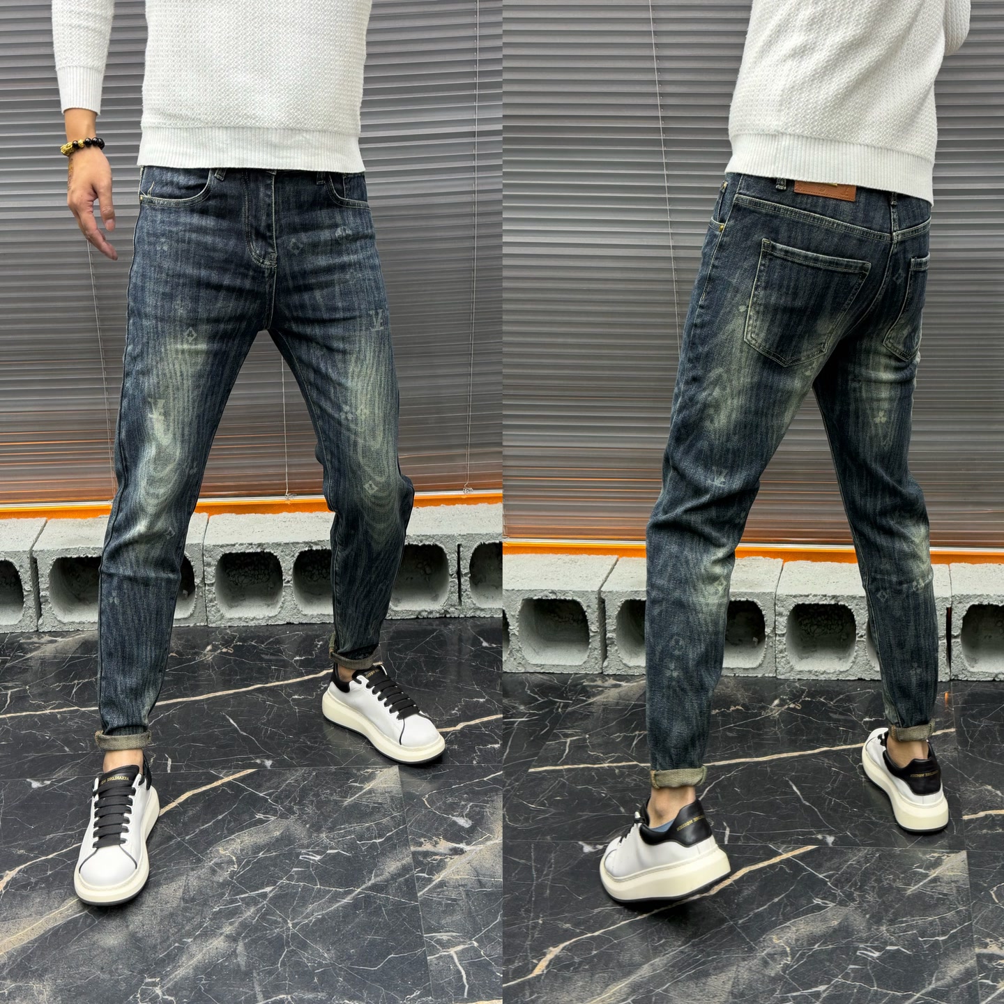 欧货设计感波浪马赛克弹力男士牛仔裤春秋季小脚休闲痞帅时尚个性
