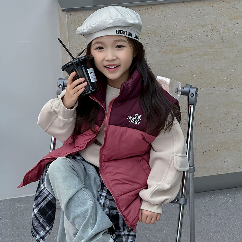 新款石墨烯儿童宝宝马甲秋冬男童女童加厚拼色刺绣立领保暖冬装