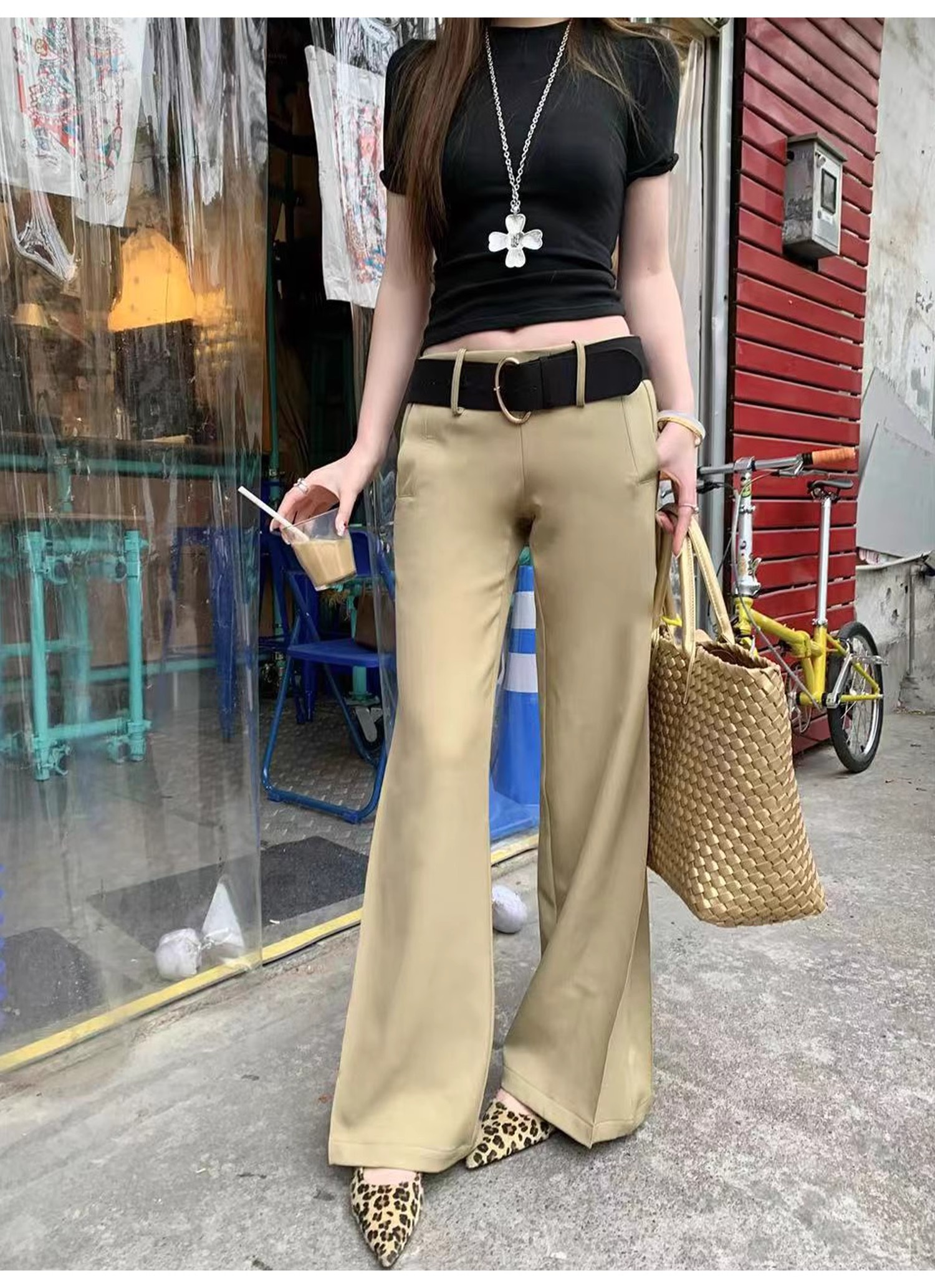 加绒加厚咖色休闲裤女秋冬百搭西装微喇裤垂感阔腿裤长裤拖地裤子