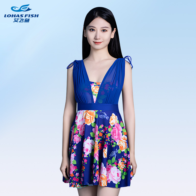 艾飞鱼遮肉泳衣女新款保守仙气遮肚显瘦时尚连体裙子泳装沙滩海滩