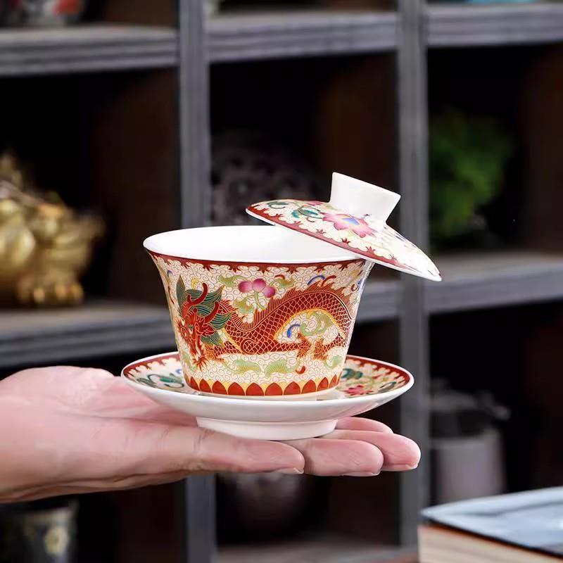悬停珐琅彩掐丝金线龙凤壶承盖碗主人杯三才杯白瓷茶具瓷器茶碗