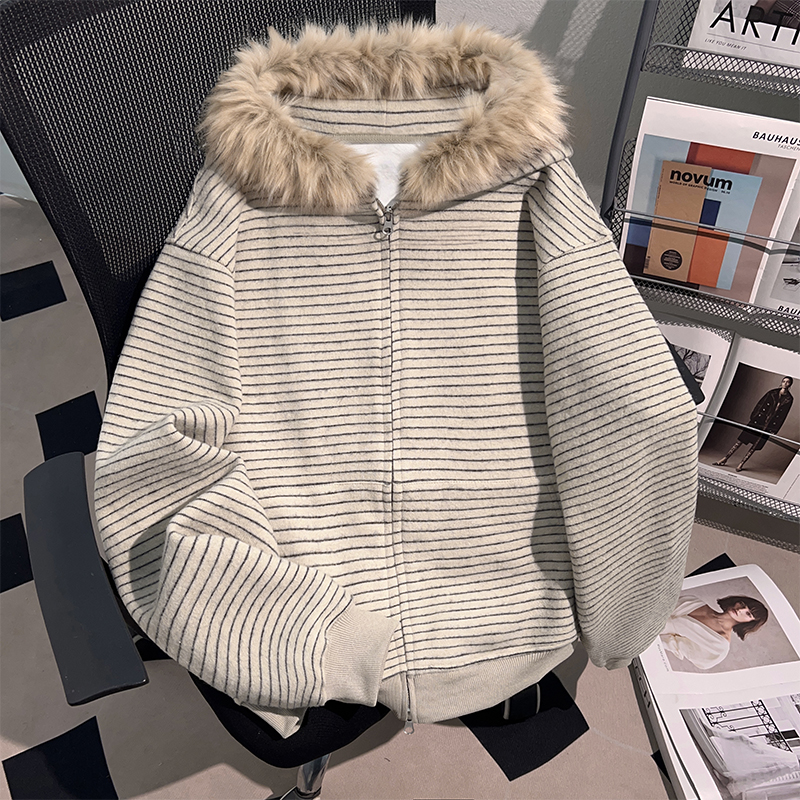 jtrt美式潮牌时尚条纹毛领连帽开衫卫衣秋冬季情侣款休闲百搭外套