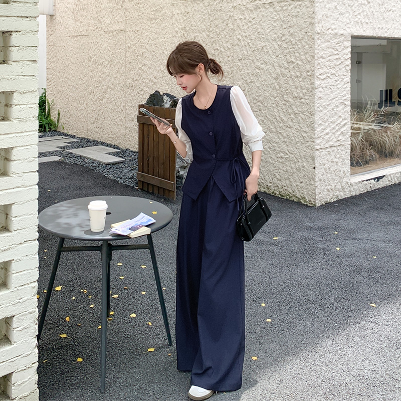 小众设计感假两件衬衫阔腿裤2025春秋新款松弛感静奢风高腰套装裤