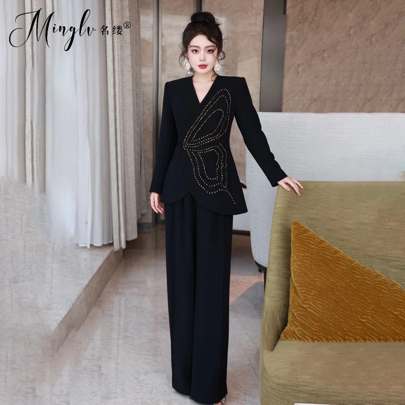 高端优雅重工烫钻高端套装收腰显瘦高定西装秋季显瘦高腰阔腿裤