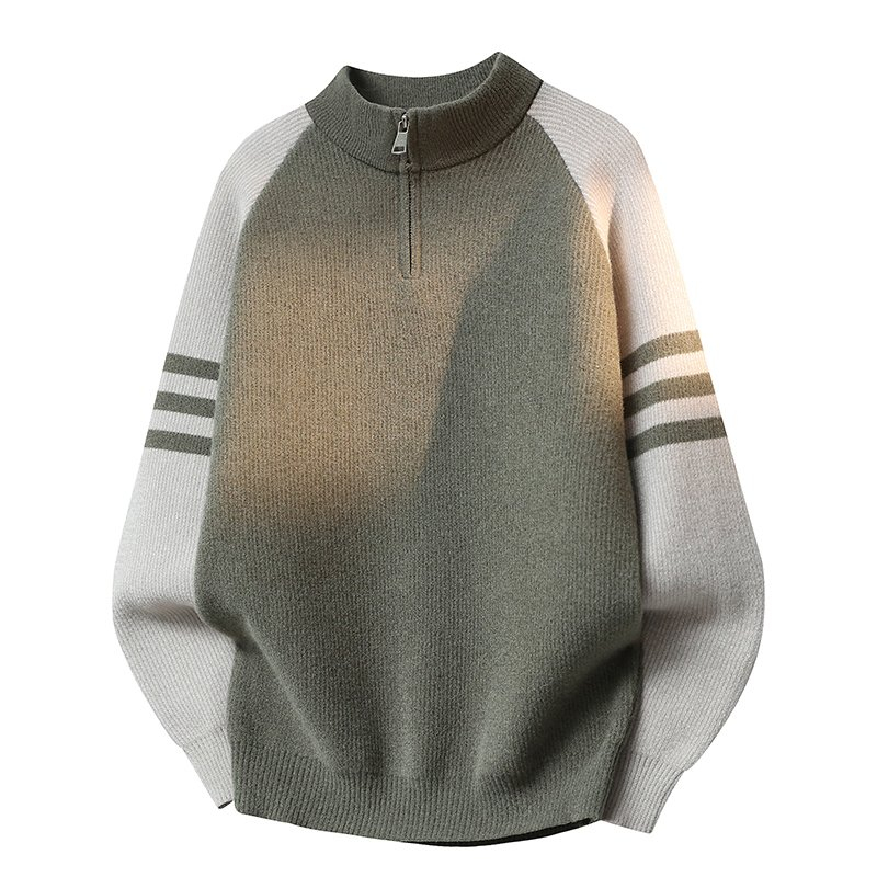 半拉链立领毛衣男士秋冬季撞色插肩袖针织衫复古条纹线衣外套男装