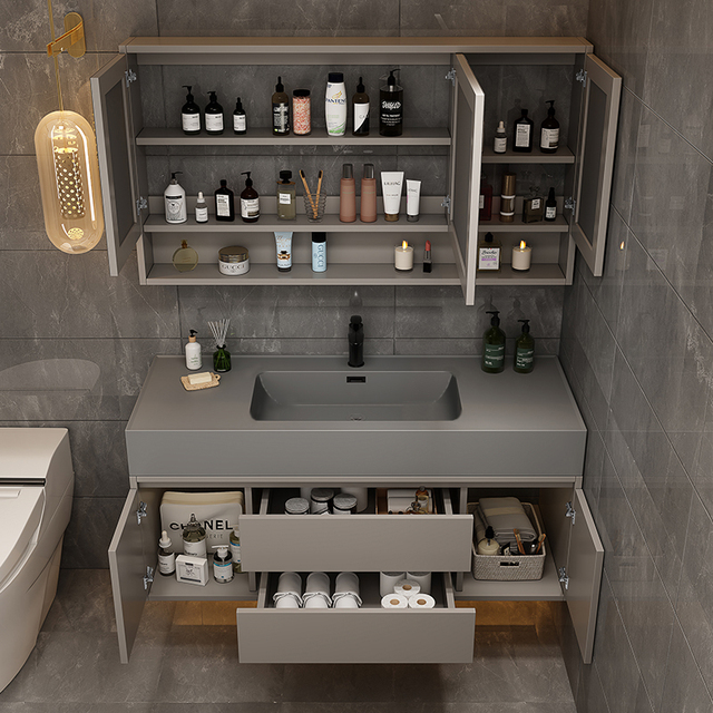 卫浴现代简约纳米岩石板一体盆浴室柜组合轻奢洗手脸盆柜洗漱台池