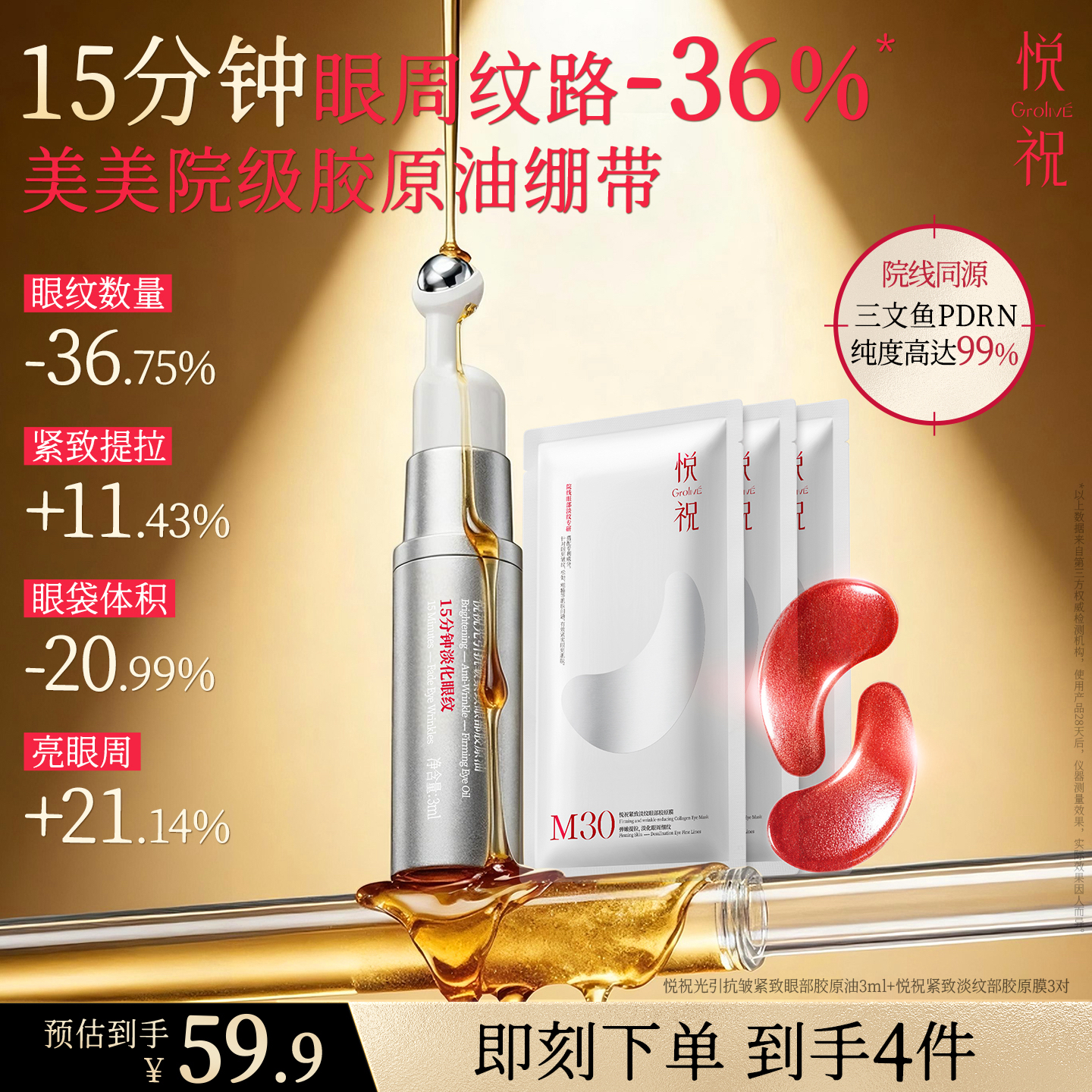 【双旦抢购】悦祝Grolive美美院眼油紧致抗皱淡细纹黑眼圈提亮眼周