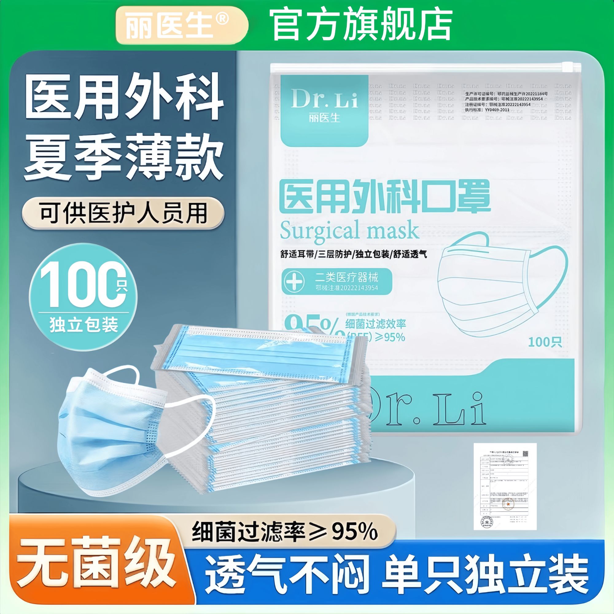 丽医生夏季薄款医用外科口罩正品一次性独立包装防粉尘2025新款成人款医护专用Y