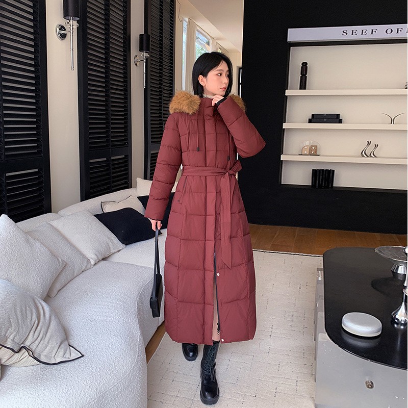 2025冬季新款服女长款过膝加厚棉衣毛领时尚收腰连帽棉袄外套潮