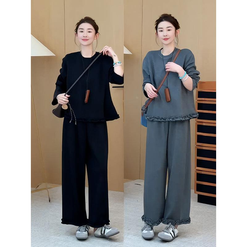 大码立体木耳边下摆上衣裤子两件套女早秋新款胖mm2025超火的套装