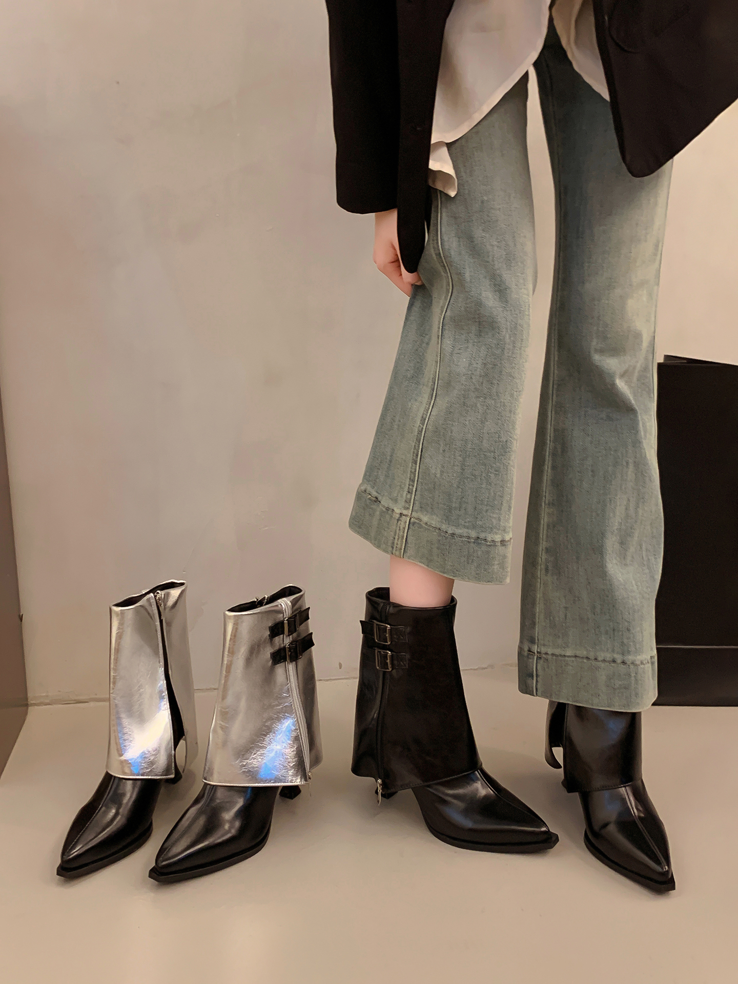 银色细高跟短靴女2025秋季新款欧美洋气尖头裤管靴小个子显高靴子