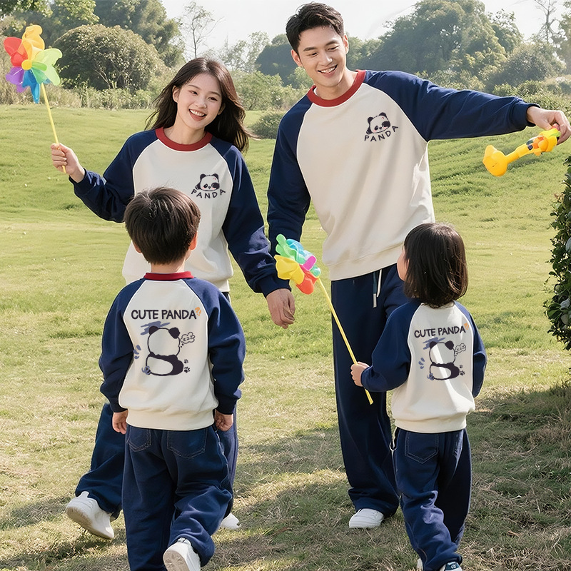 日系休闲一家三四口亲子装网红款童装小熊猫设计款长袖圆领卫衣秋