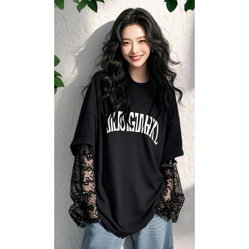 2025新款爆款超好看漂亮上衣黑色蕾丝欧若风假两件长袖t恤女春季