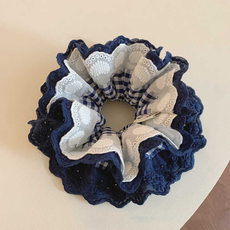 藏青格纹爱心蕾丝花边双层大肠发圈女扎头发丸子头发绳低马尾头绳