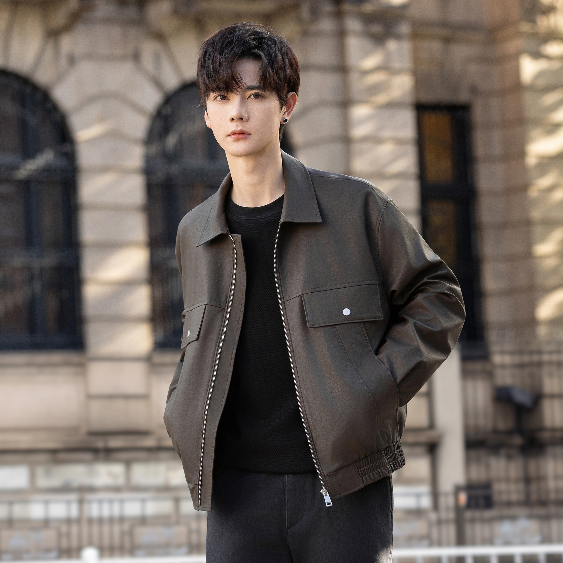 斯狄奈勒翻领短款皮夹克外套男款保暖潮流痞帅皮衣休闲上衣冬季