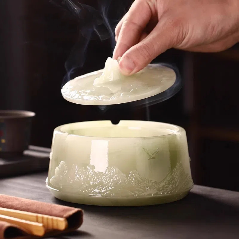 创意个性高档浮雕山峦烟灰缸大号带盖防飞灰烟缸茶几摆件茶具配件