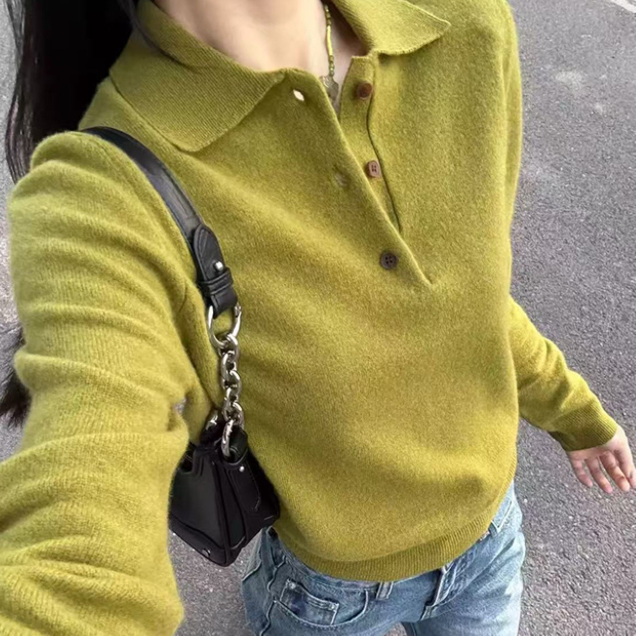 小众100%羊毛款针织复古绿色POIO领毛衣女老钱风高级感羊毛衫秋冬